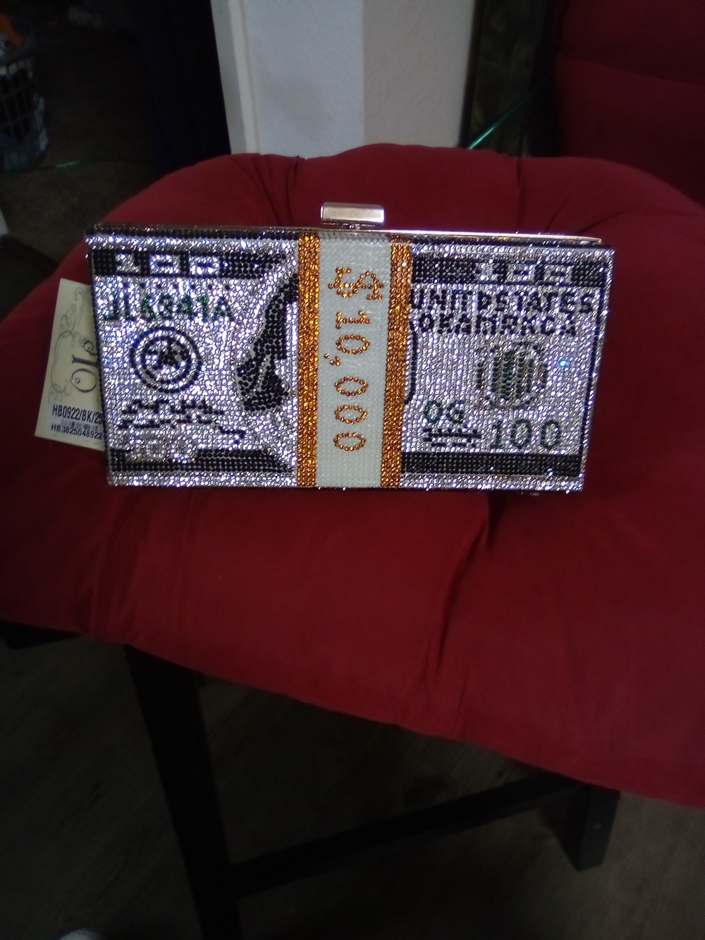 Rhinestone Money Clutch, (designed; a wrapped stack of one-hundred-dollar bills
